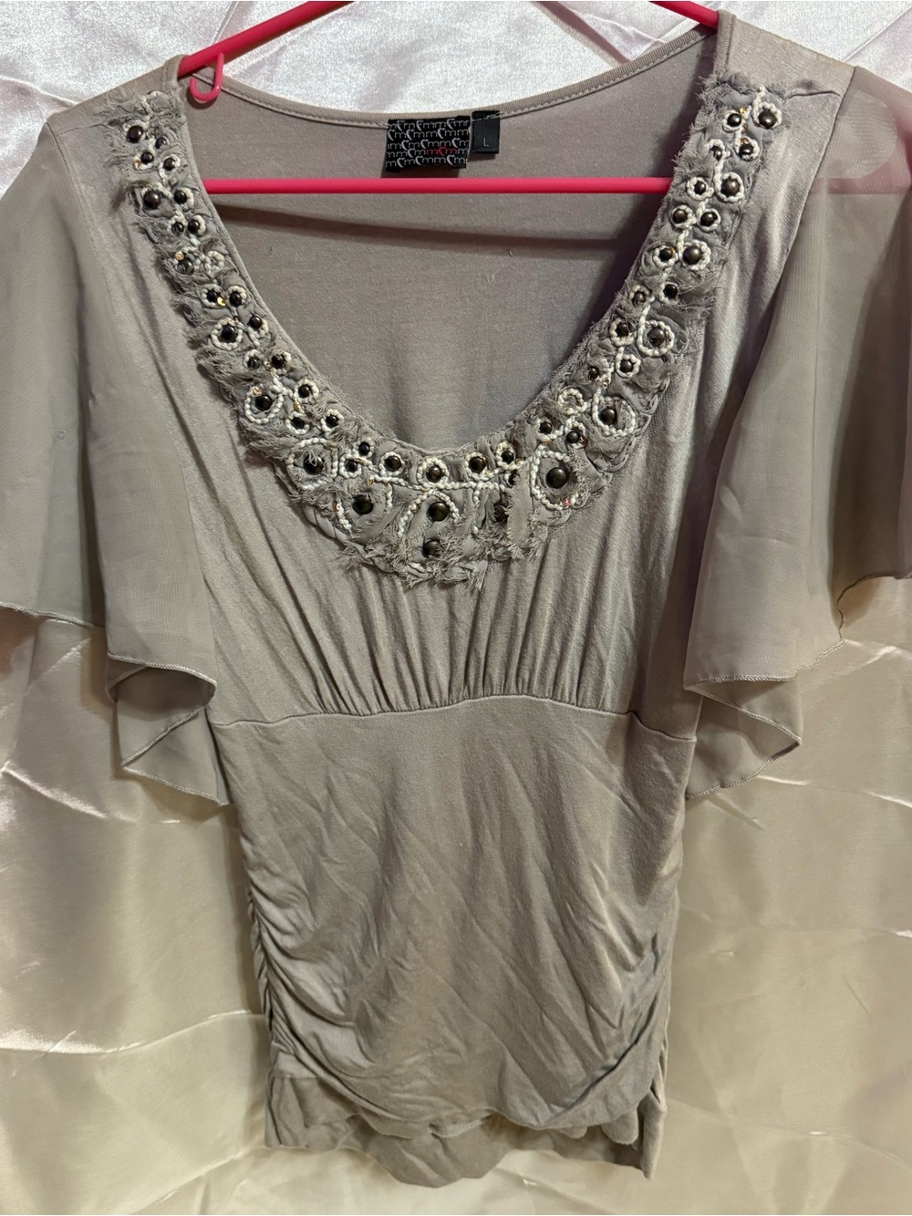 Women's Embellished Scoop Neck Flutter Sheer Sleeve Top - Taupe